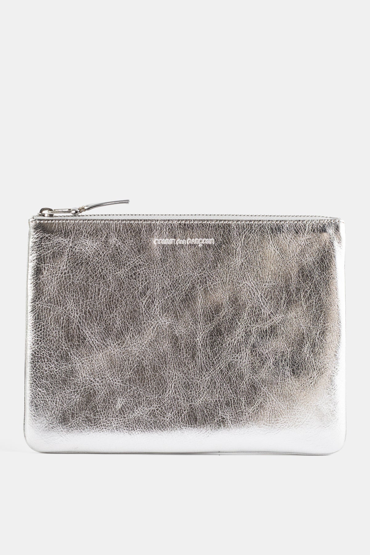 コムデギャルソン WALLET ジップポーチ メタリックシルバー しわ加工 ひび割れ効果レザー SS26
