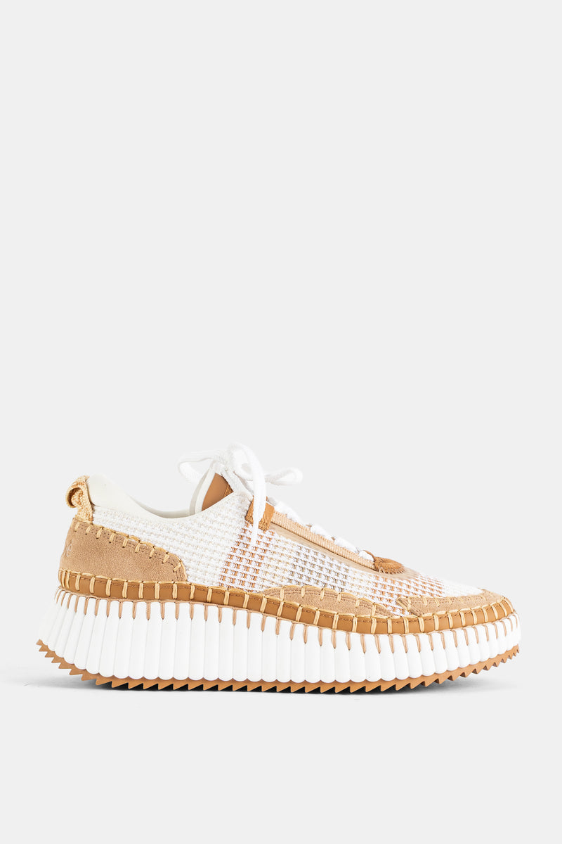 Nama Platform Sneaker Hand-Stitched Recycled Mesh White Camel