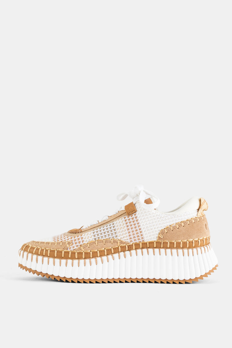 Sneaker plateforme Nama en mesh recyclé cousu main blanc camel