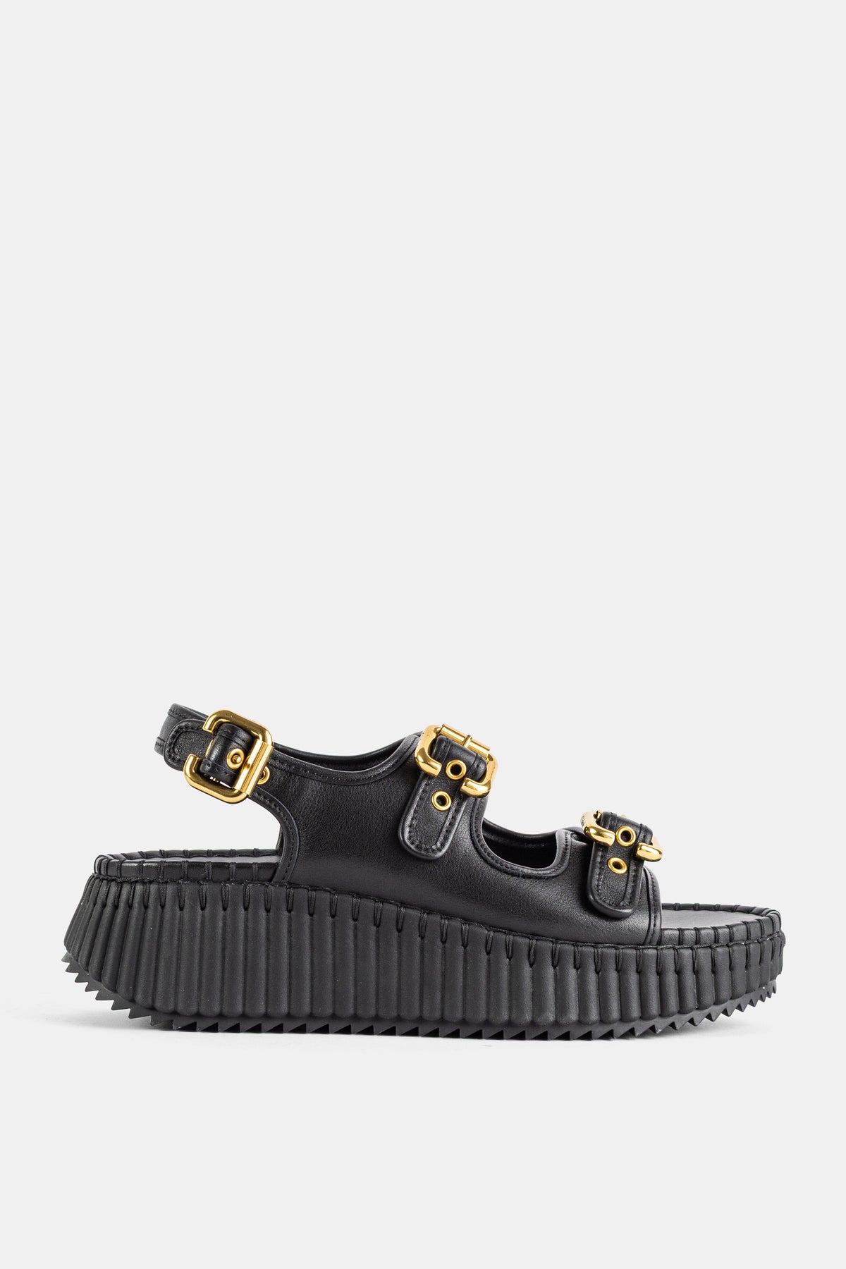 Nama Platform Sandal Black Leather Gold Paddington Buckles