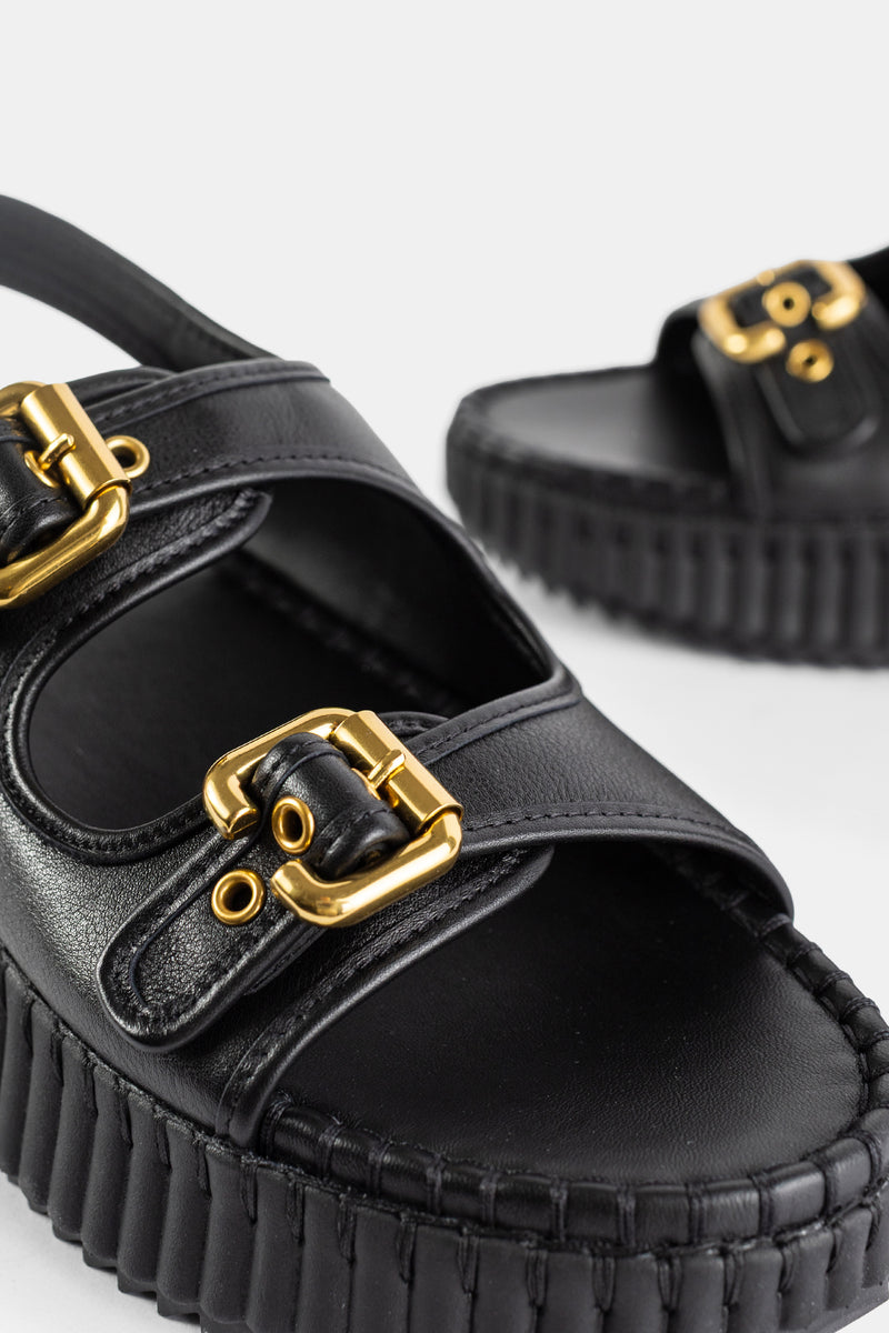 Nama Platform Sandal Black Leather Gold Paddington Buckles