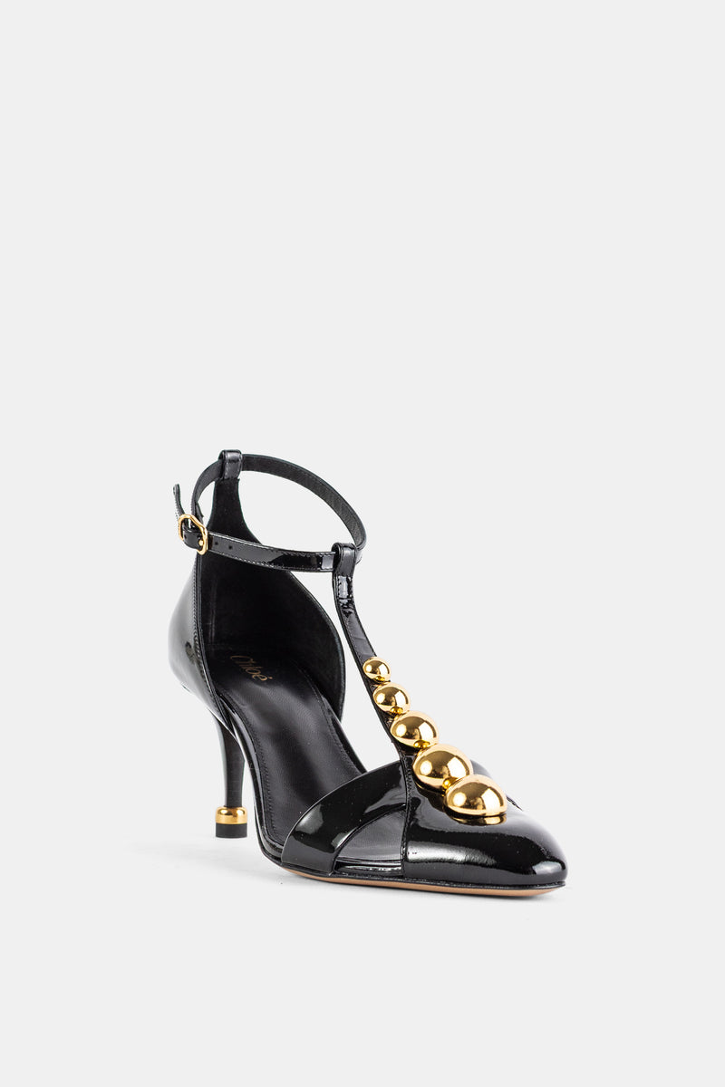 Cleia Patent Calfskin T-Strap Sandal Black Gold Cabochons