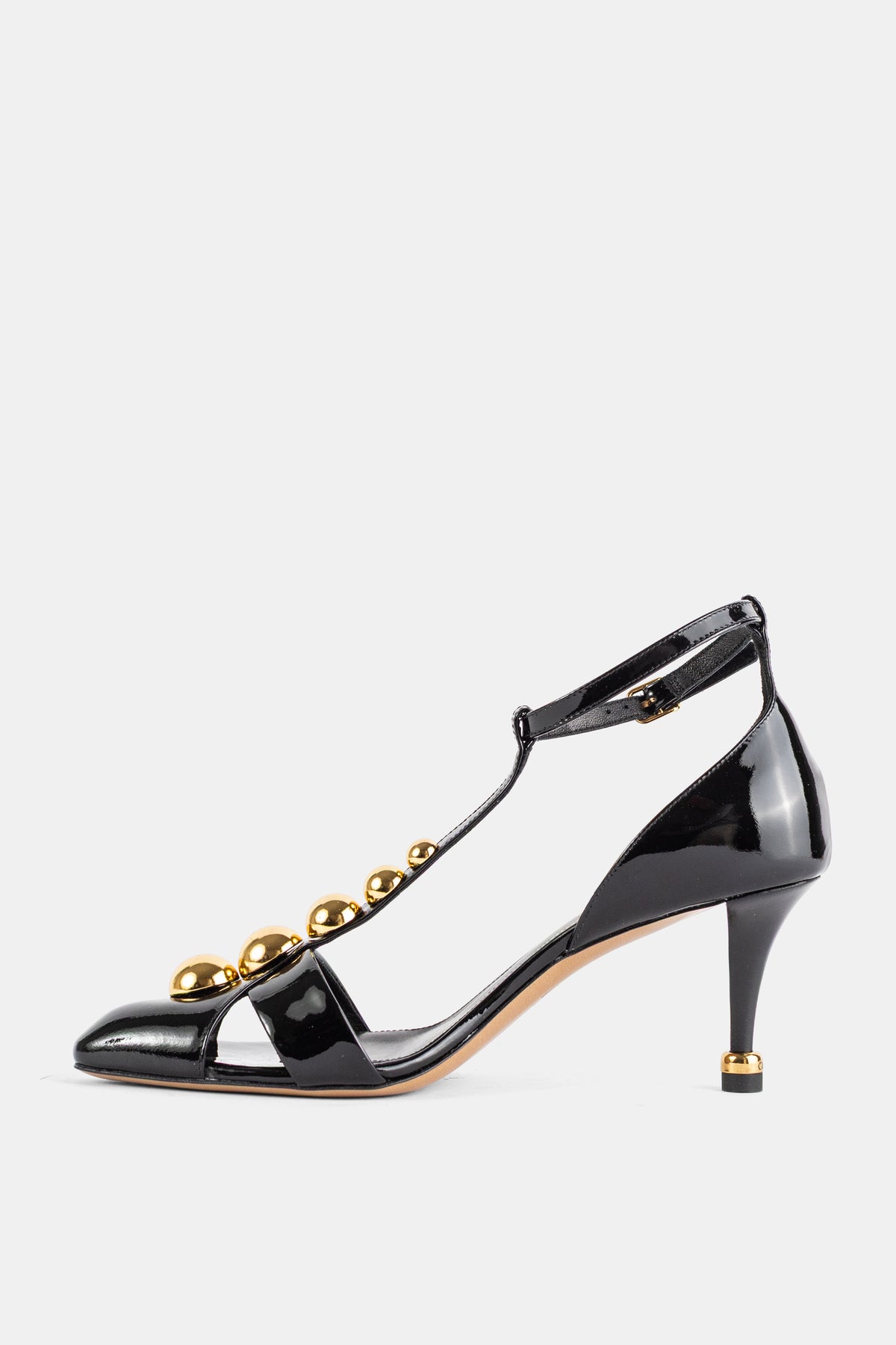 Cleia Patent Calfskin T-Strap Sandal Black Gold Cabochons