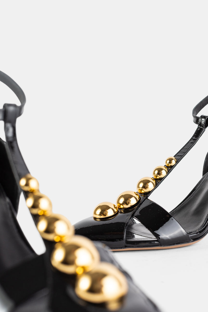 Cleia Patent Calfskin T-Strap Sandal Black Gold Cabochons