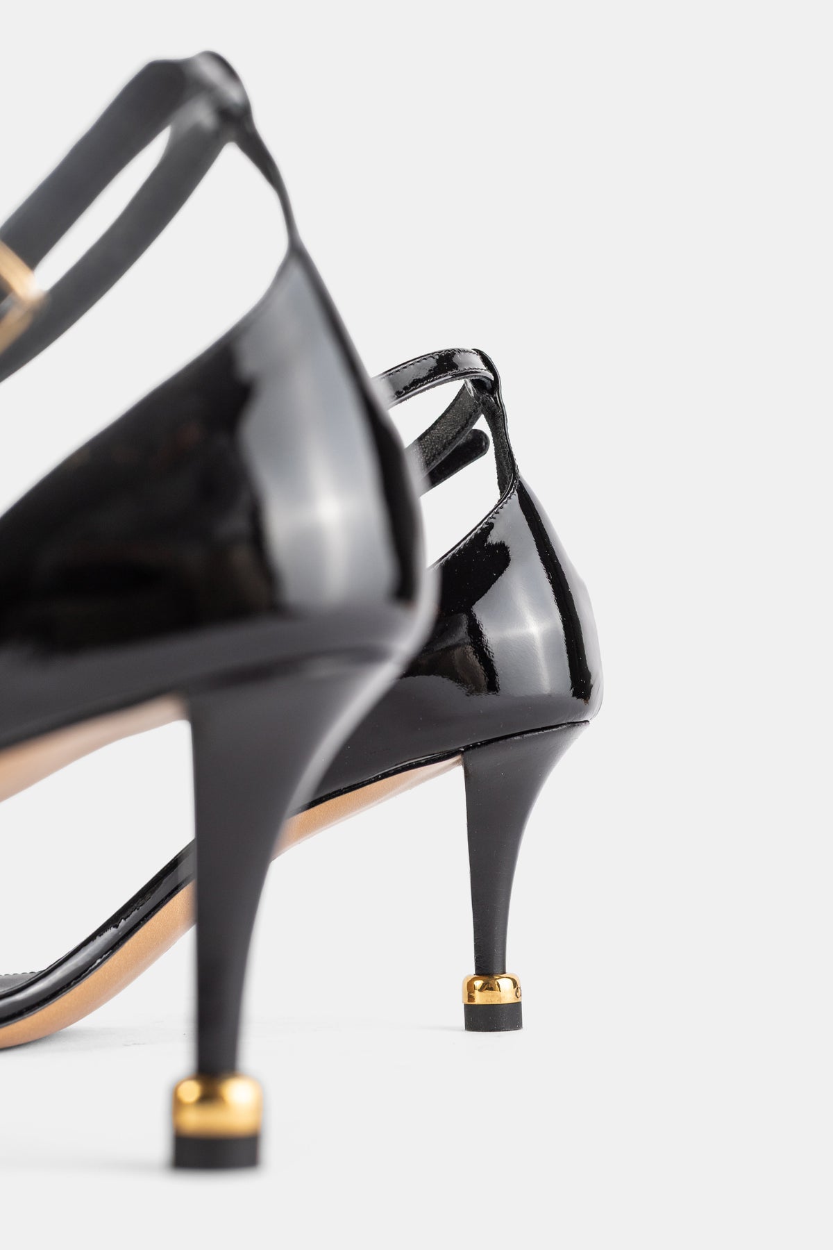 Cleia Patent Calfskin T-Strap Sandal Black Gold Cabochons
