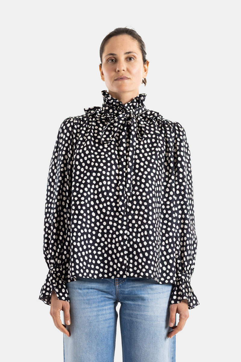 Pussy-bow polka dot blouse