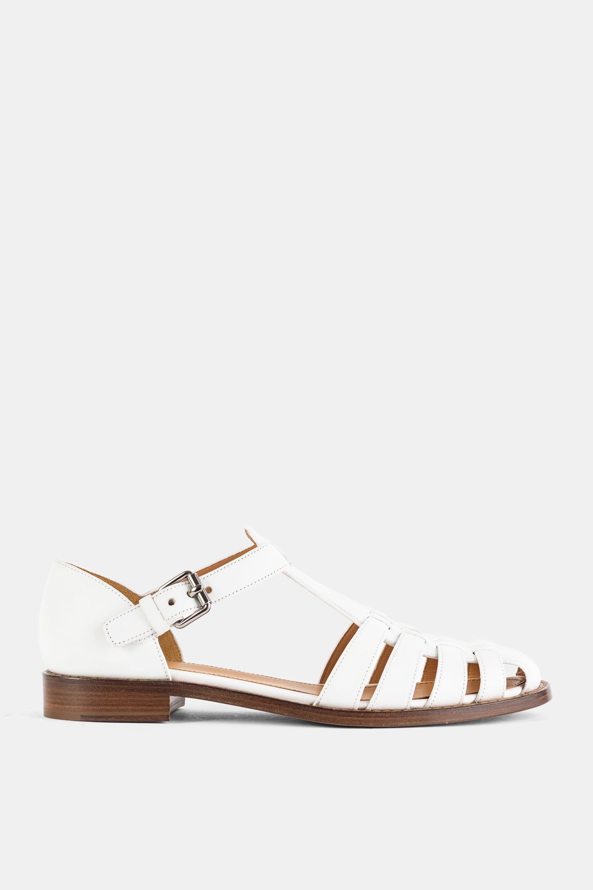 Church's sandale cage Kelsey en cuir blanc semelle bois talon plat boucle argentée SS26 femme