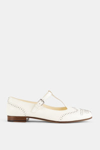 Bailarina Mary Jane em napa marfim com tachas brogue e T-strap - EU 36