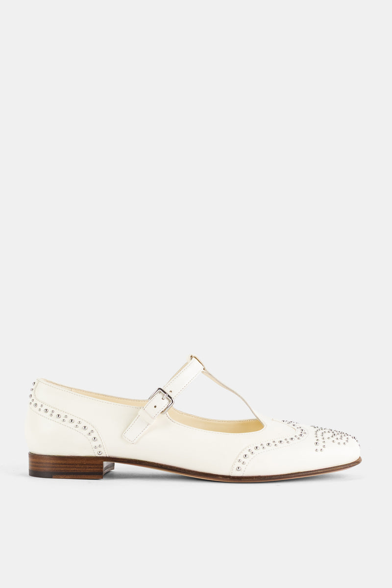 Mary Jane Ballet Flat Ivory Nappa Studded Brogue T-Strap