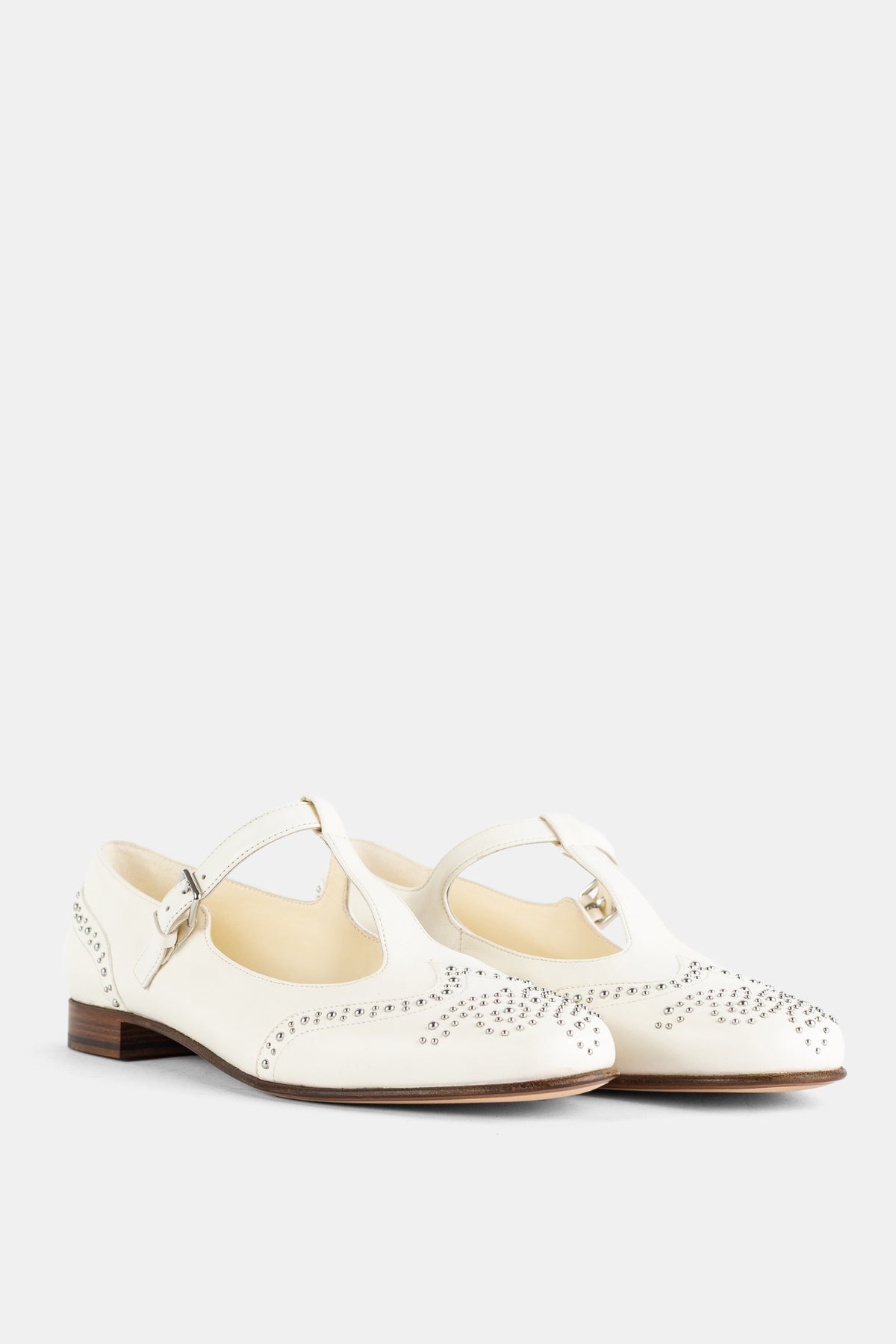 Mary Jane Ballet Flat Ivory Nappa Studded Brogue T-Strap