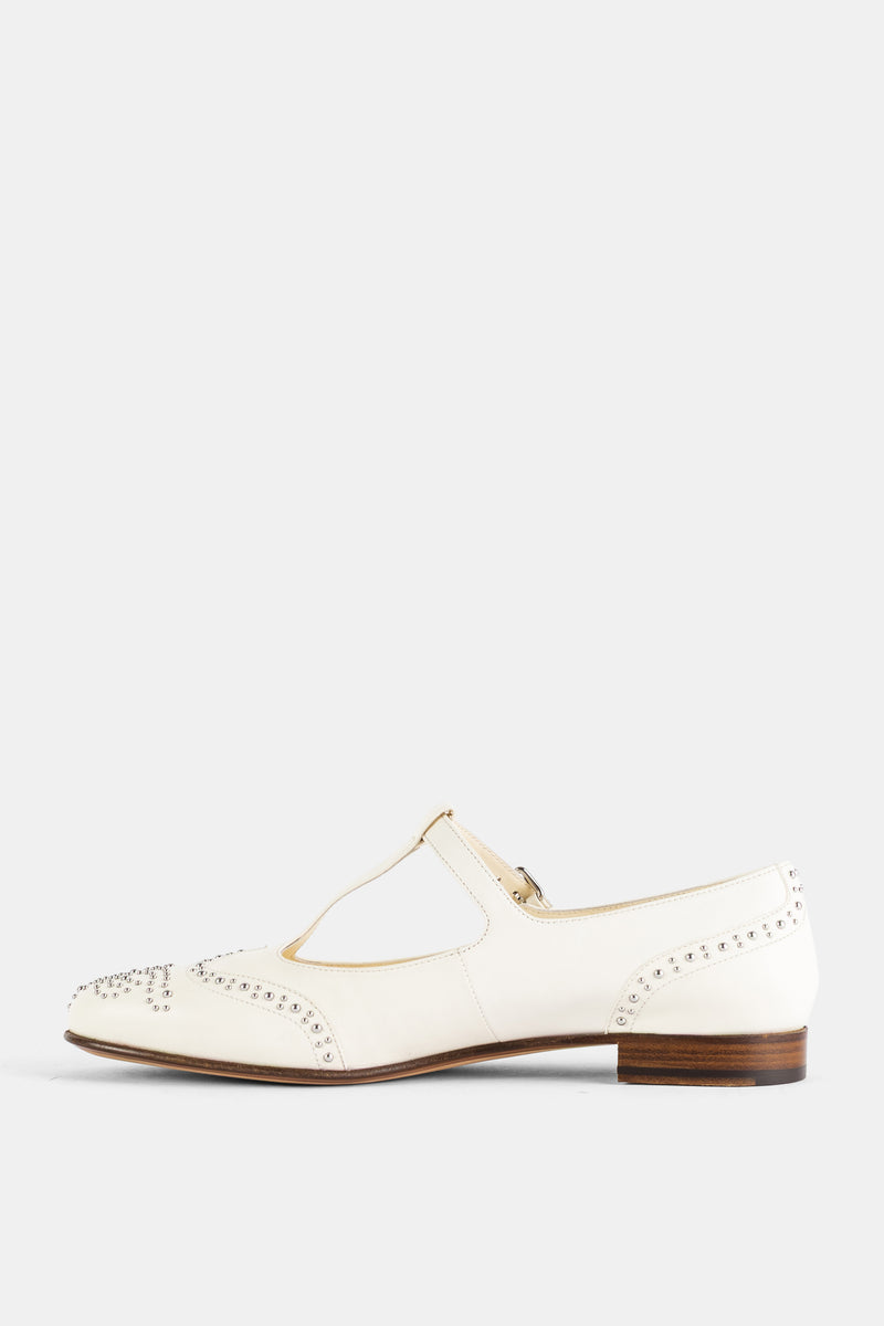Mary Jane Ballet Flat Ivory Nappa Studded Brogue T-Strap