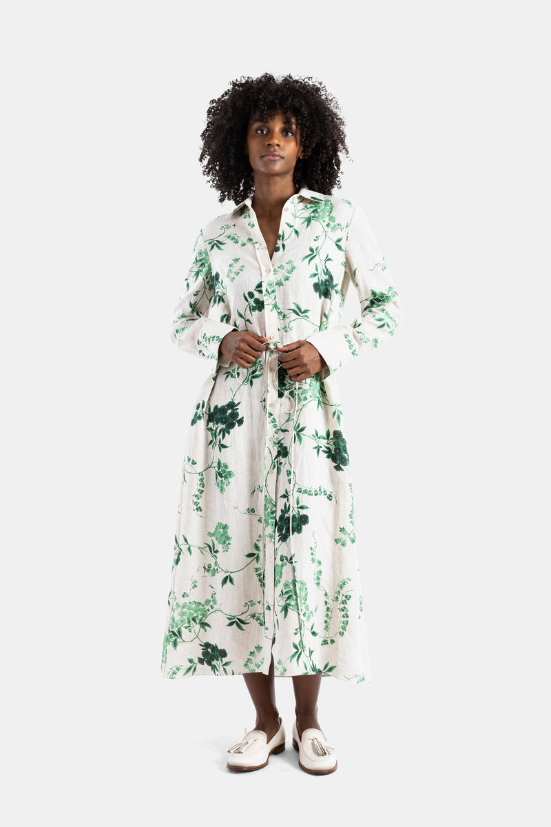 Robe chemise midi en lin à fleurs vertes