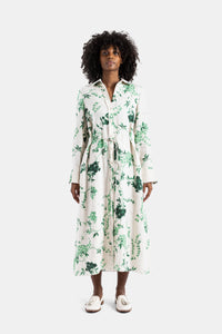 Midi-Hemdblusenkleid aus Leinen mit grünen Blumen - UK 18