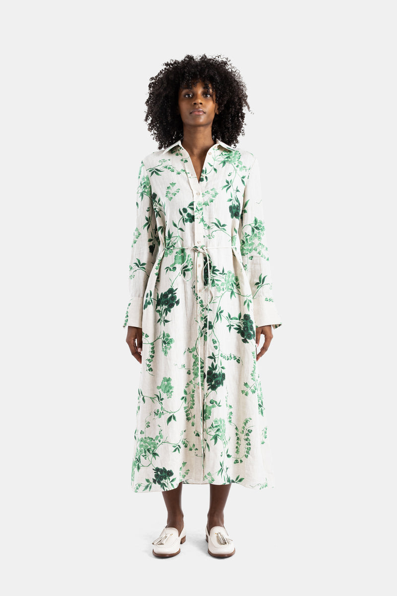 Robe chemise midi en lin à fleurs vertes