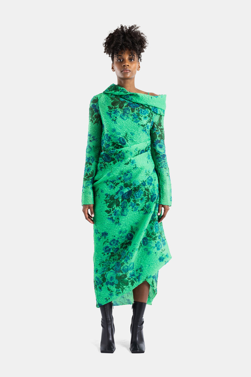 Robe midi crayon en lin à fleurs vertes