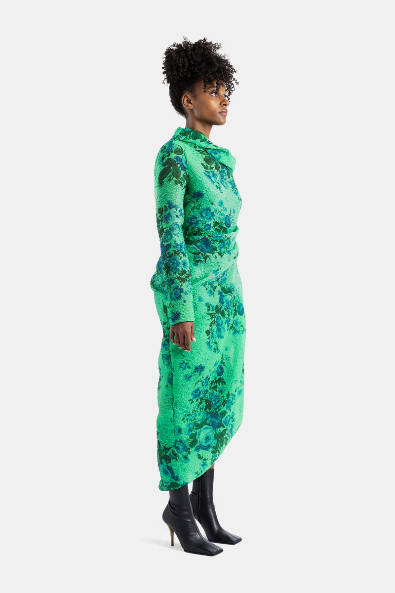 Robe midi crayon en lin à fleurs vertes