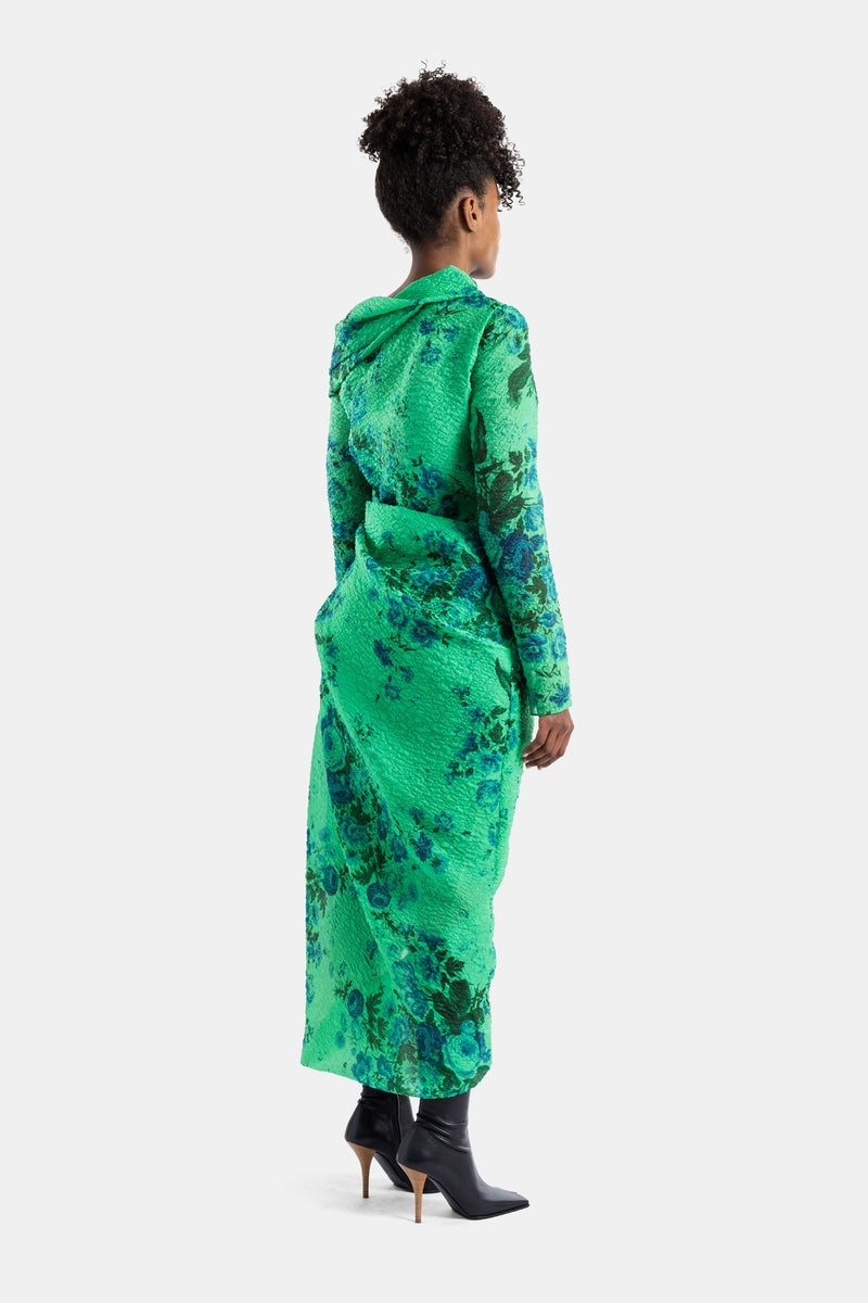 Robe midi crayon en lin à fleurs vertes