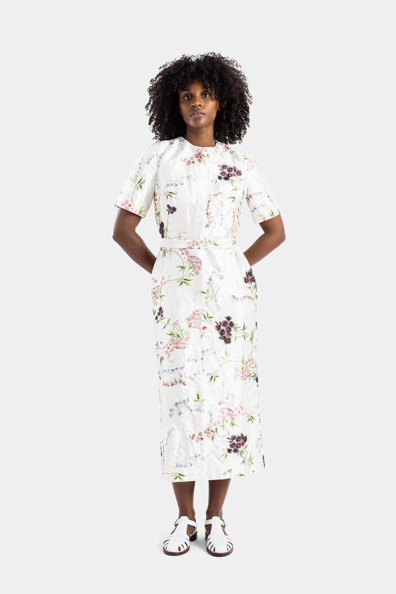 Robe midi crayon en satin fleuri blanc
