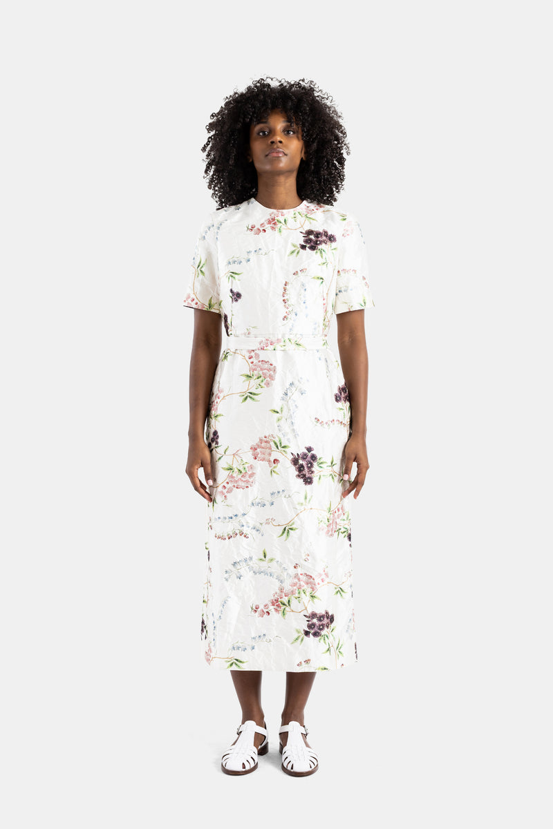 Robe midi crayon en satin fleuri blanc