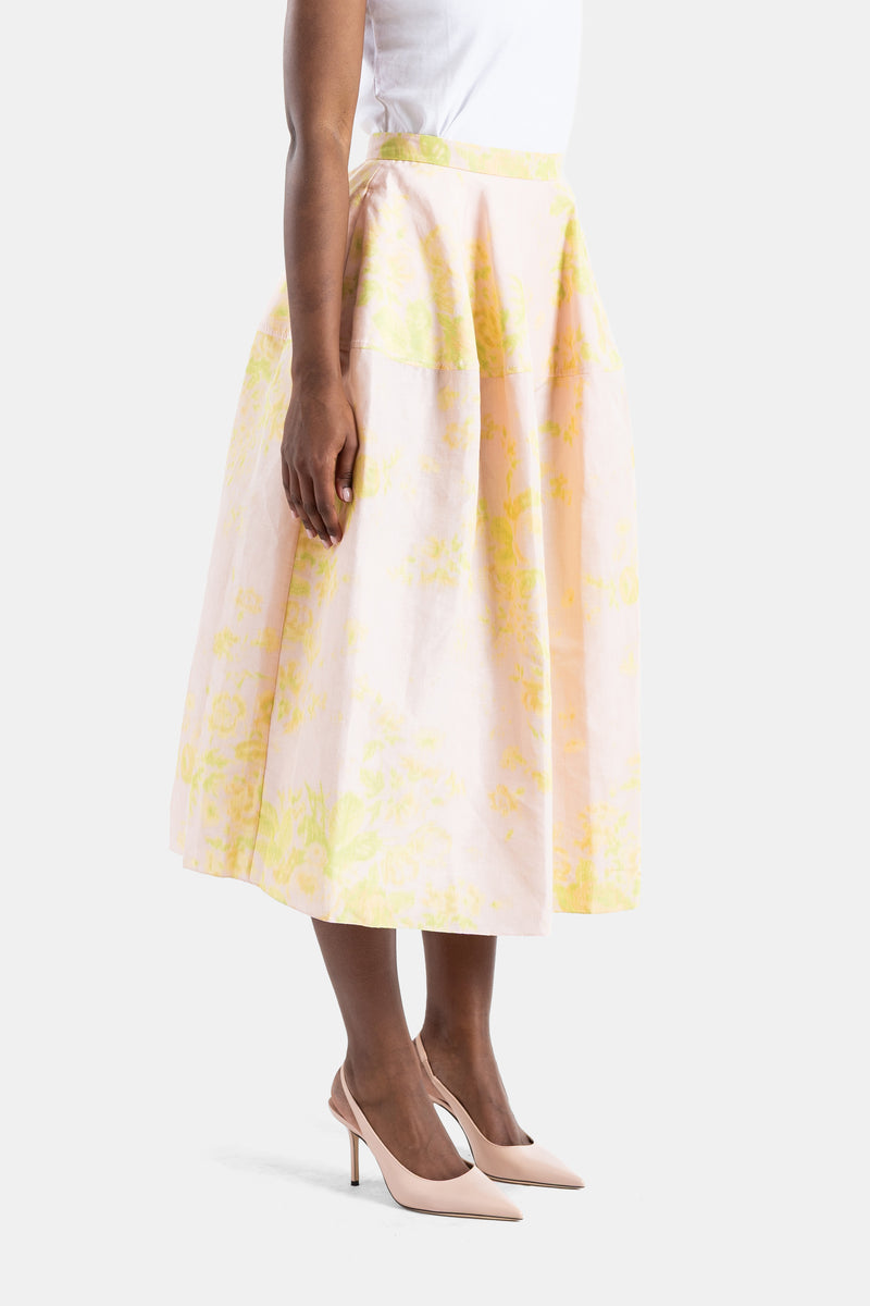 Chartreuse floral pleated midi skirt