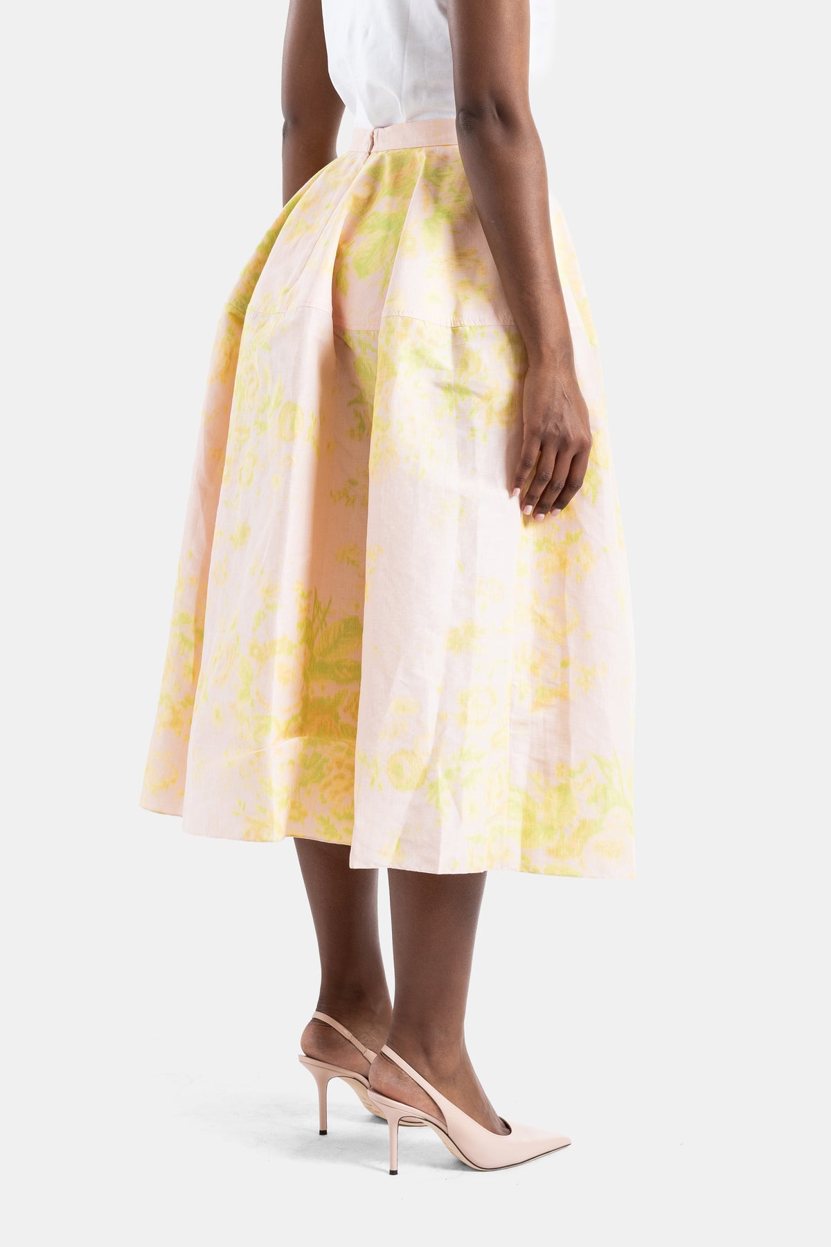 Chartreuse floral pleated midi skirt
