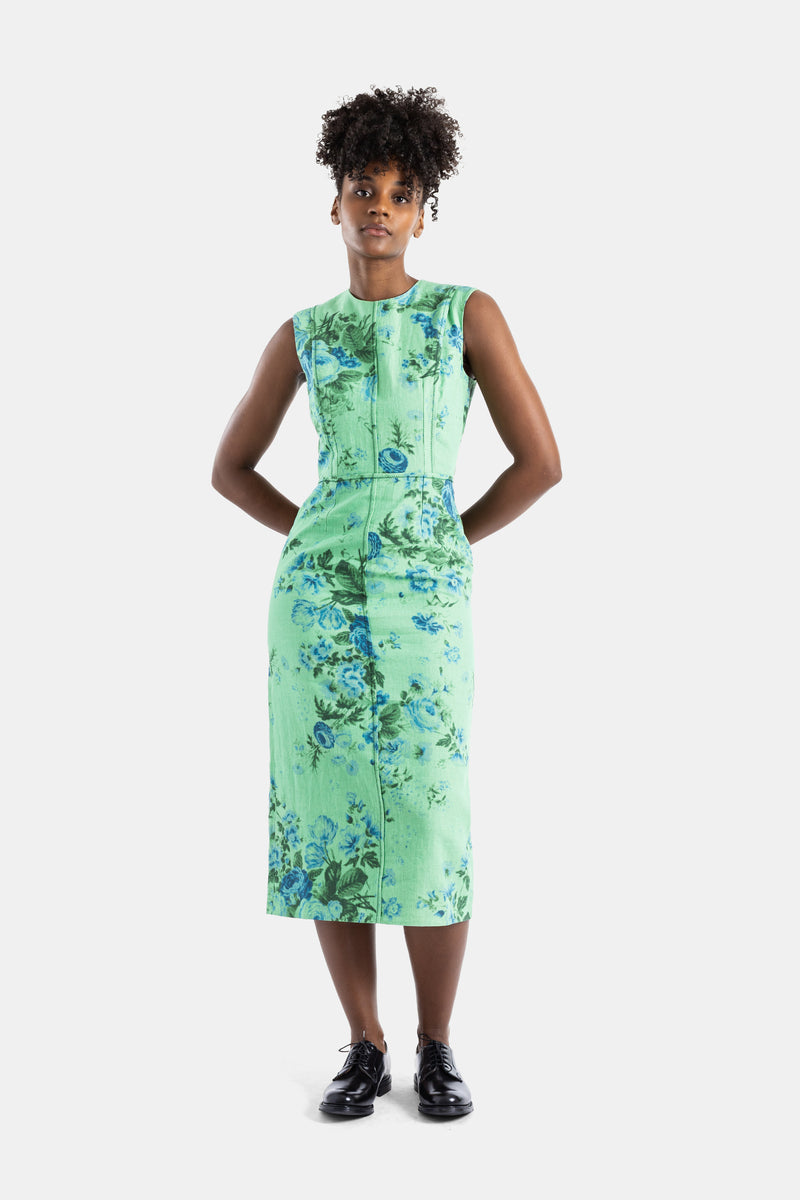 Robe midi crayon en lin sea green à fleurs