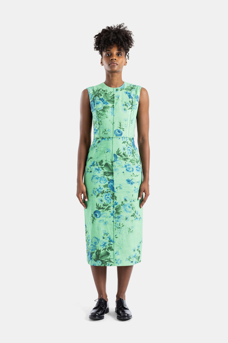 Robe midi crayon en lin sea green à fleurs