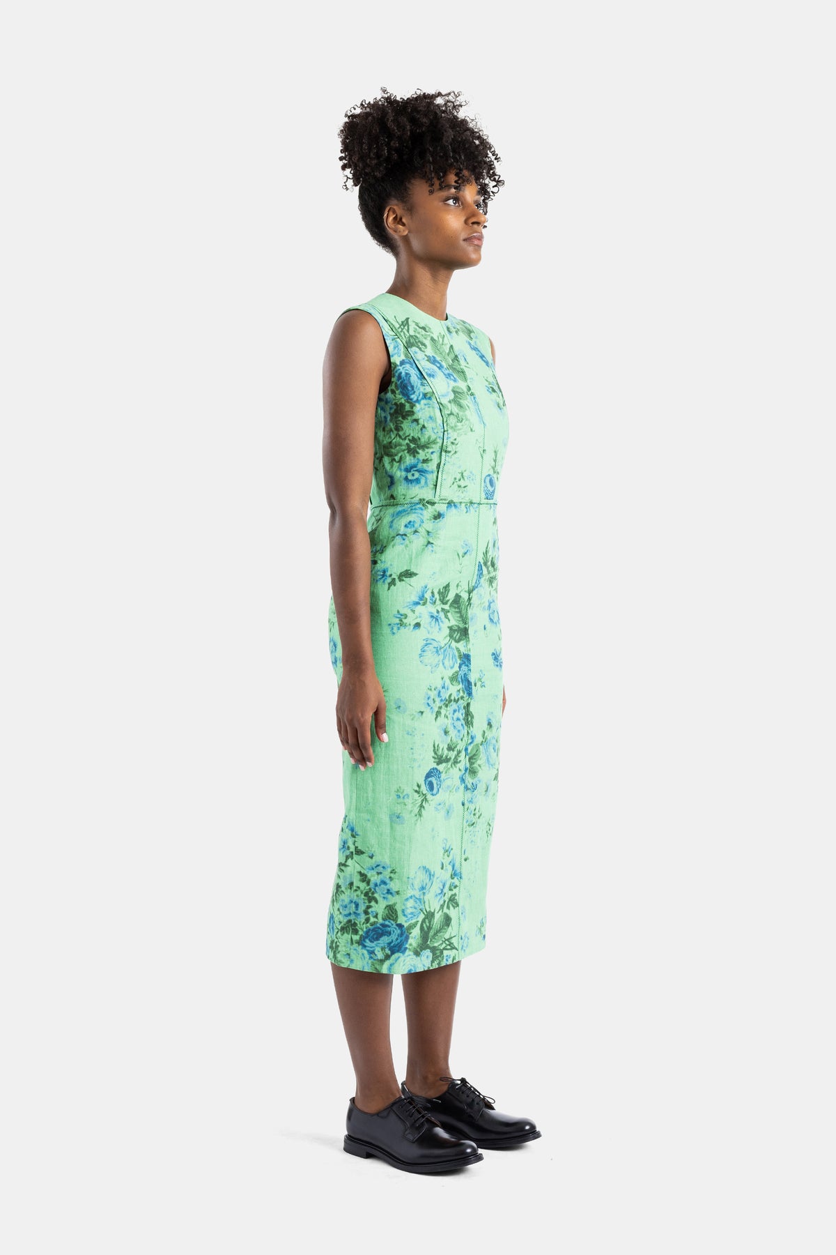 Robe midi crayon en lin sea green à fleurs