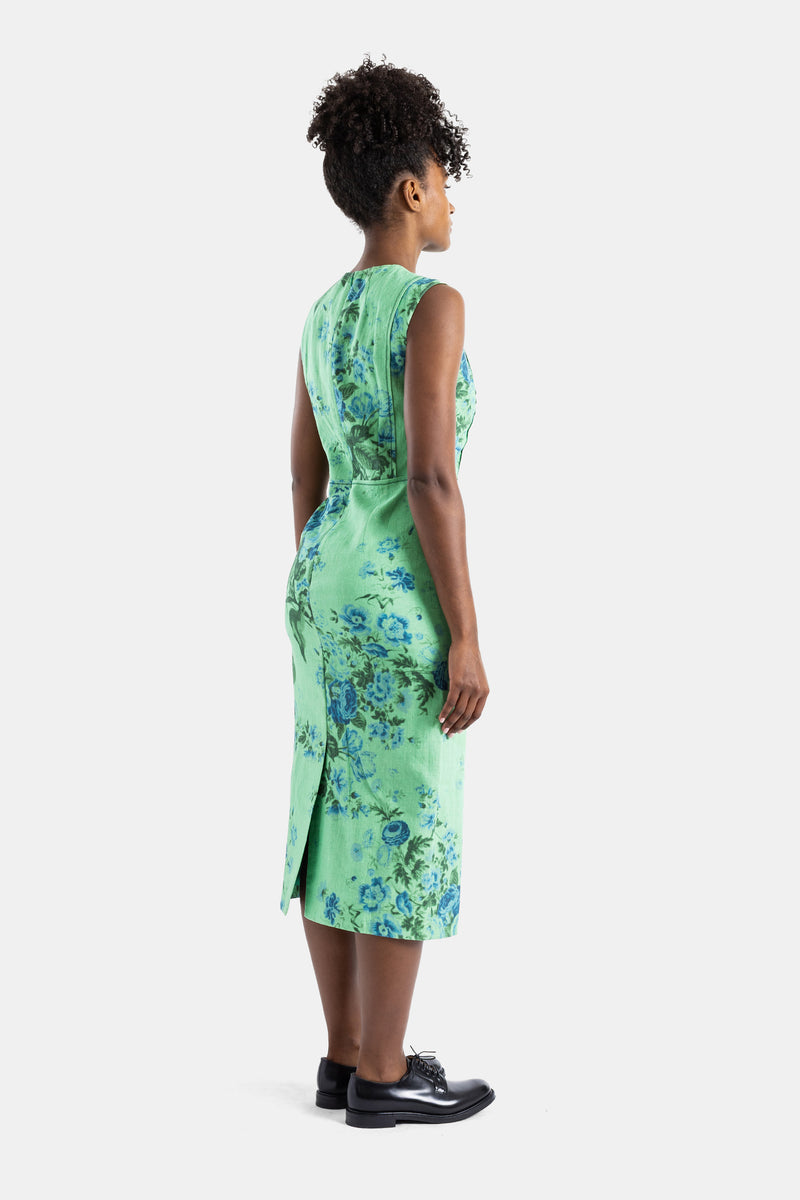 Robe midi crayon en lin sea green à fleurs