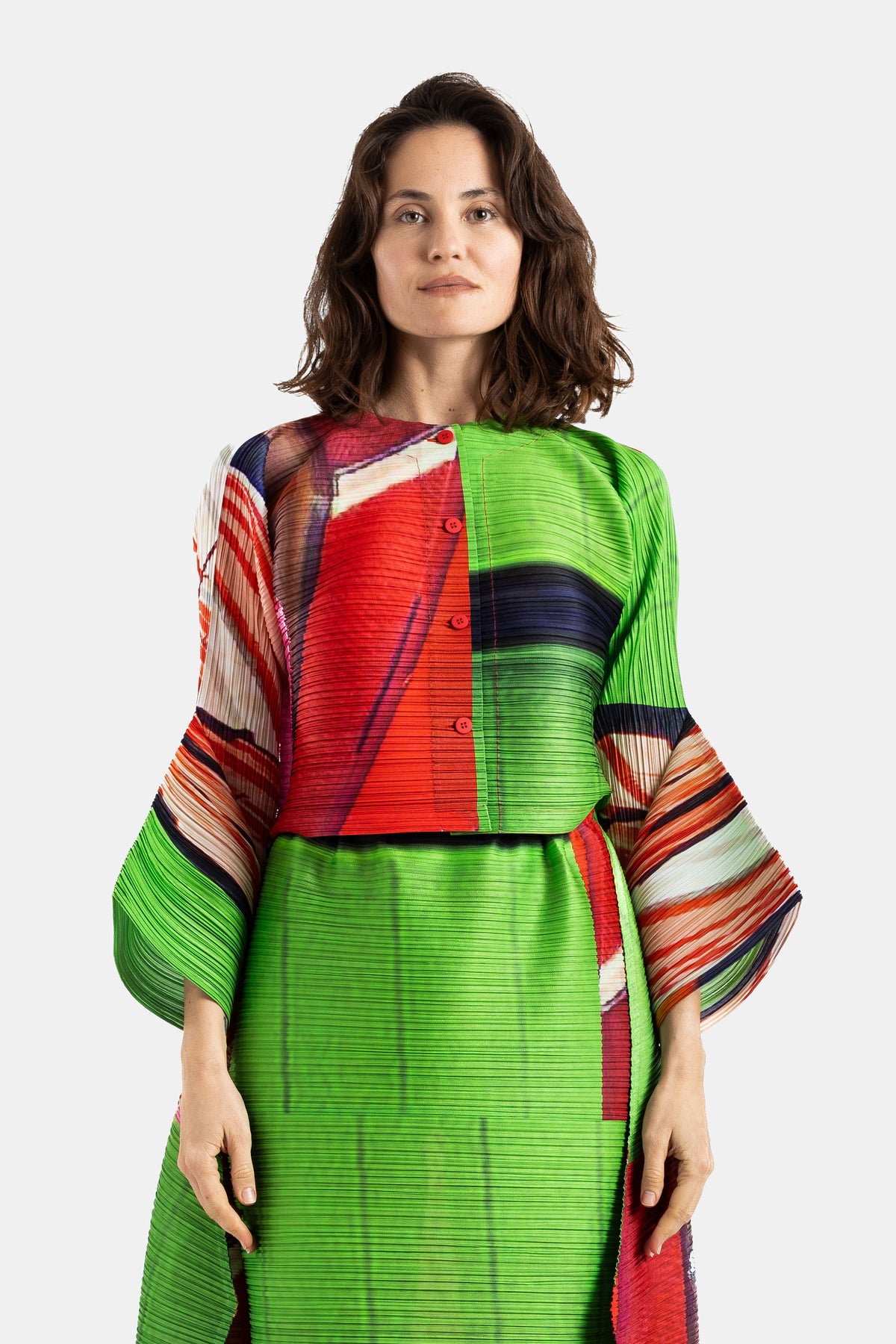 City Collage Pleated Poncho Red/Green