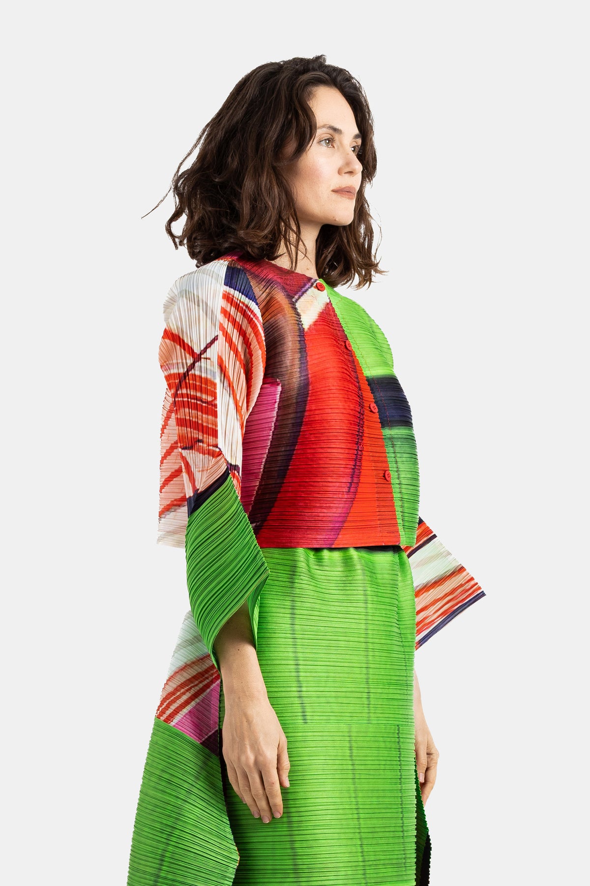 City Collage Pleated Poncho Red/Green