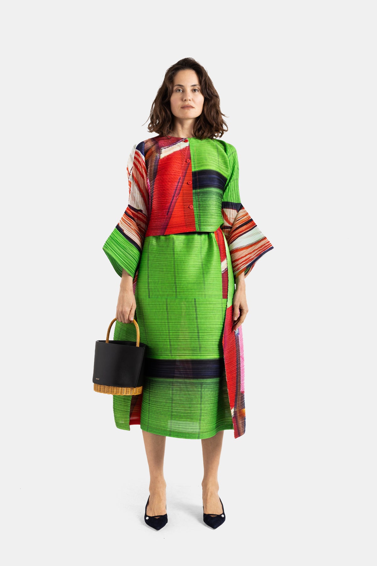 City Collage Pleated Poncho Red/Green
