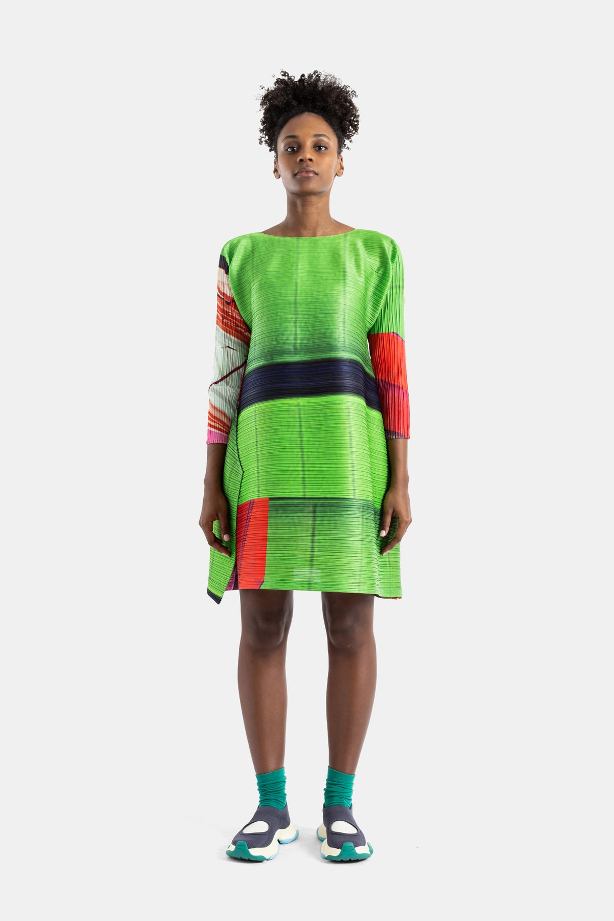 Pleats Please Issey Miyake pleated City Collage tunic neon green red A-line silhouette SS26