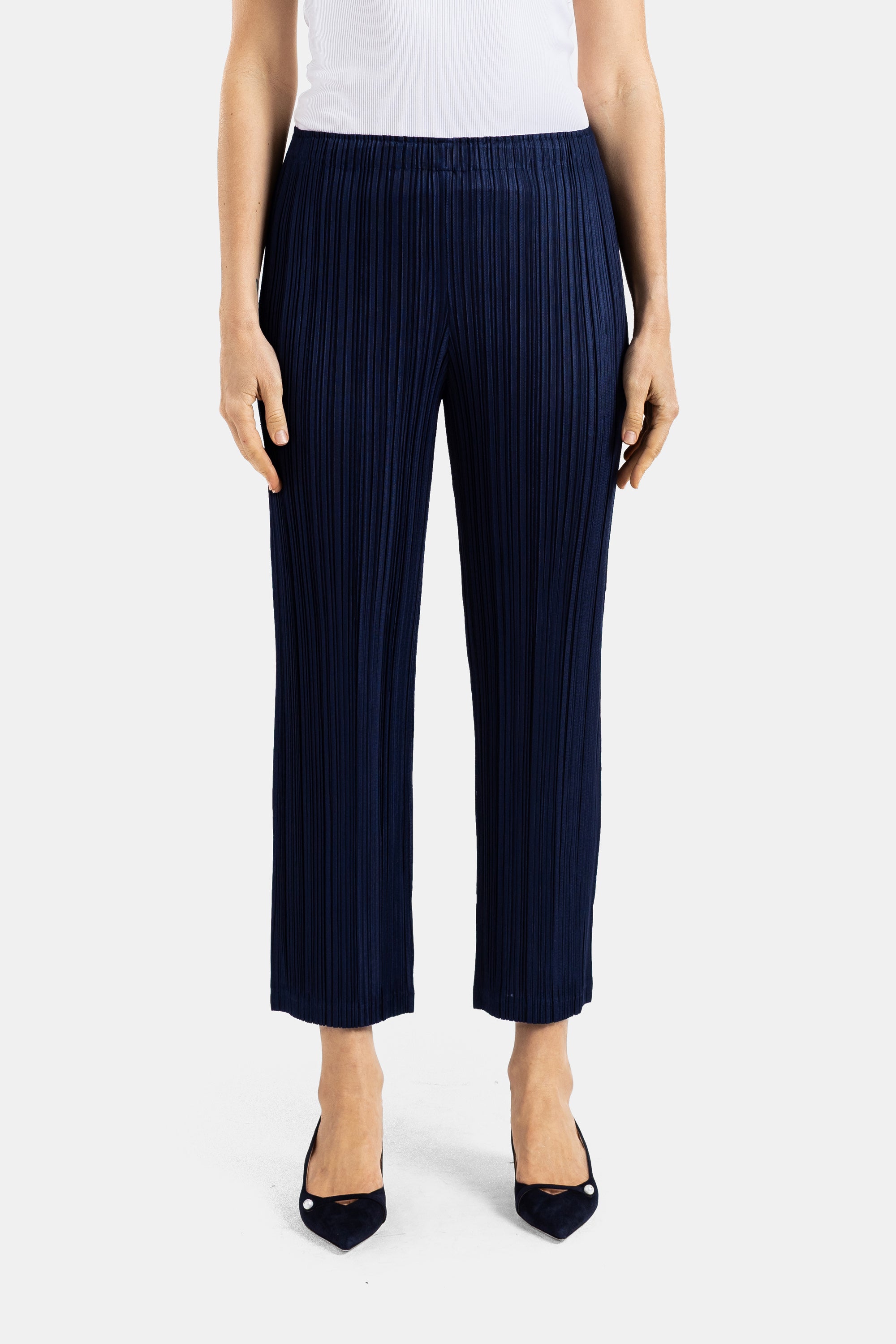 Dark Blue Pleated Straight-Leg Trousers Pleats Please Issey Miyake