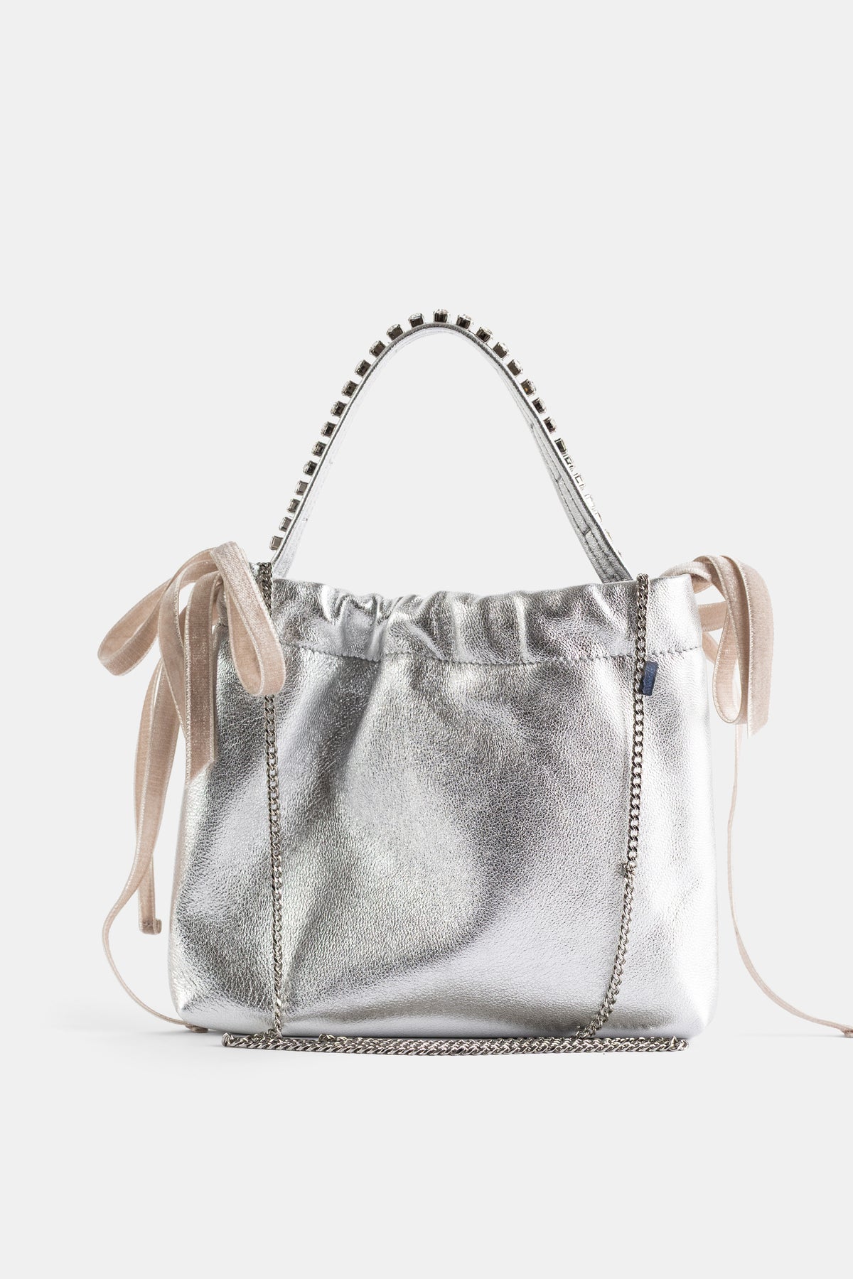 Pochette Drawstring Mini nappa métallique Argent