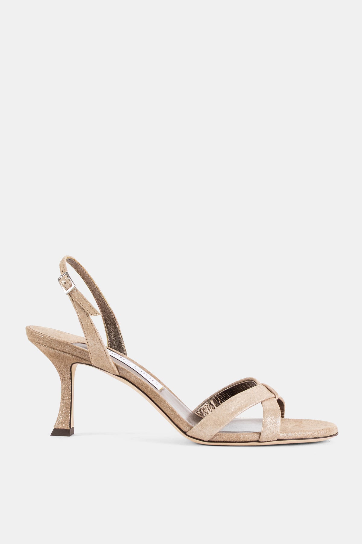 Jimmy Choo chai-goldene Shimmer-Wildleder-Slingback-Sandale 70mm Stilettoabsatz quadratisches geflochtenes Detail SS26