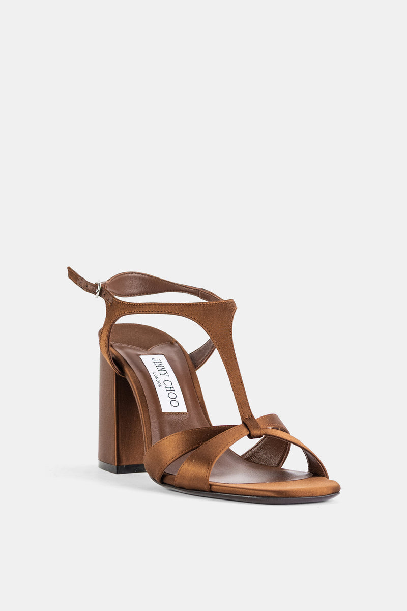Kesia 85 Bronze Satin Cross-Strap Block-Heel Sandal