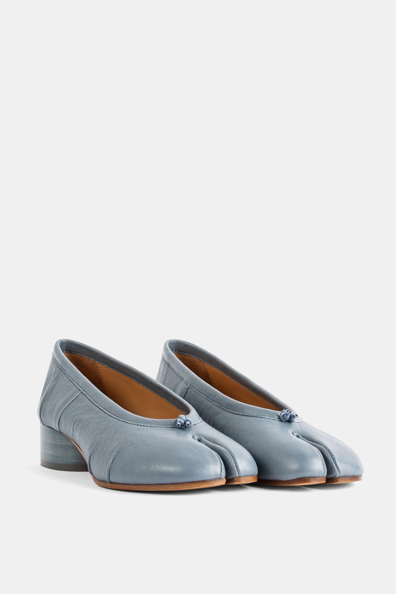 Ballerine Tabi à Talon Cylindrique en Cuir Bleu Gris
