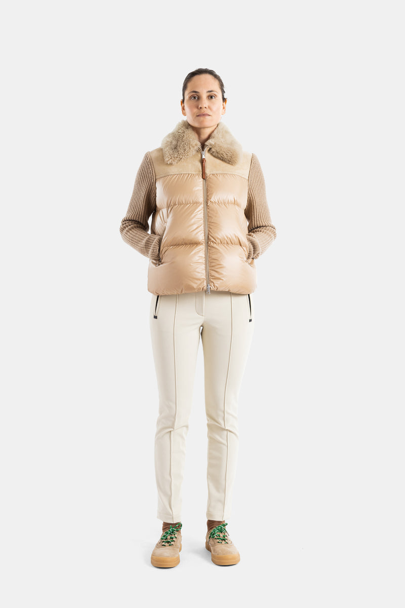 Beige shearling-collar quilted hybrid cardigan