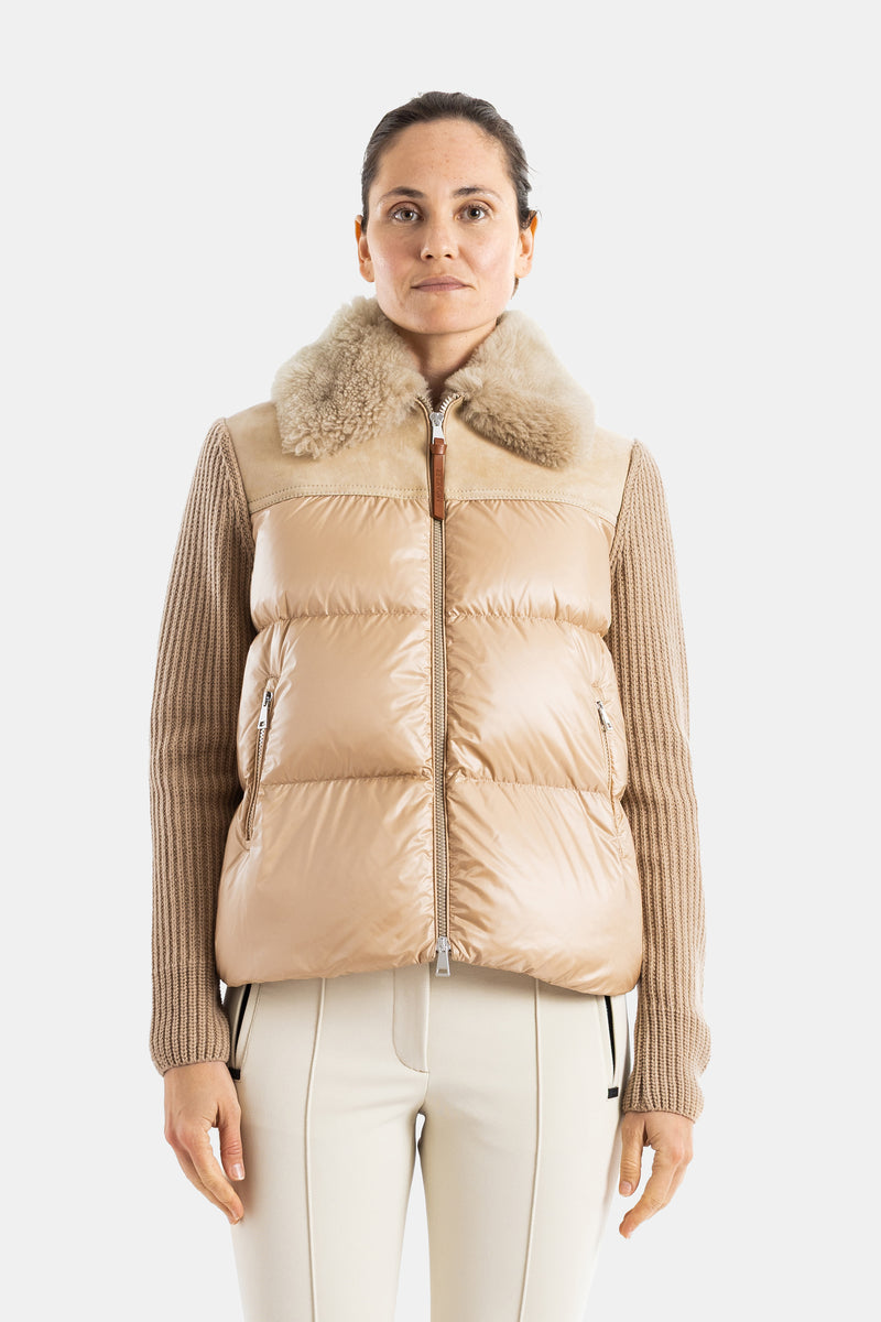 Beige shearling-collar quilted hybrid cardigan