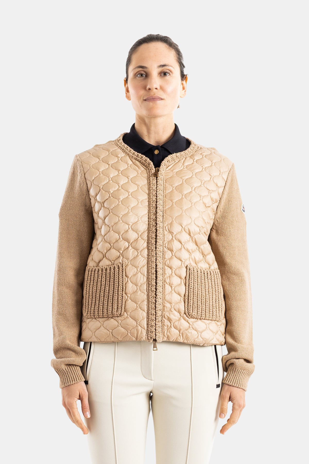 Camel quilted zip-up cardigan