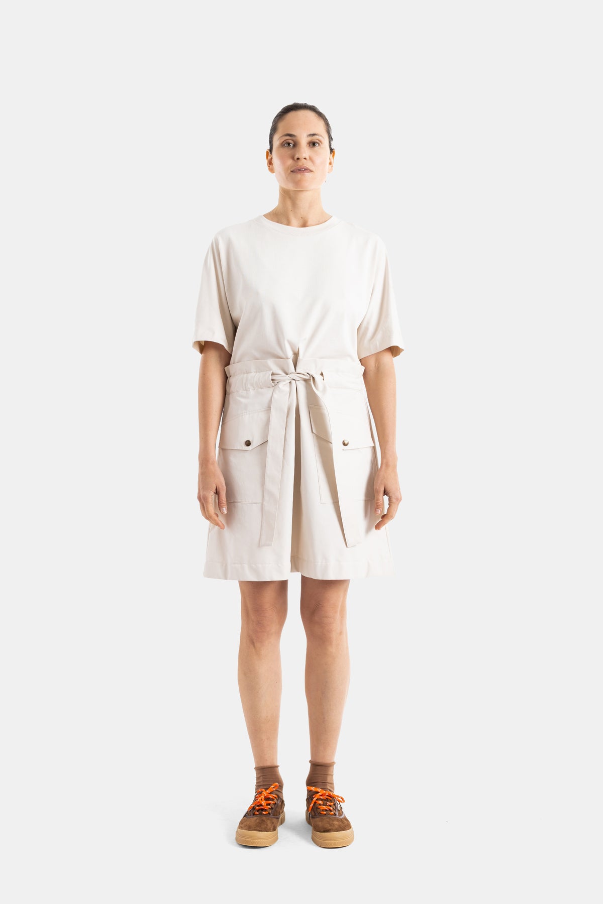 Belted Two-Tone Beige Dress