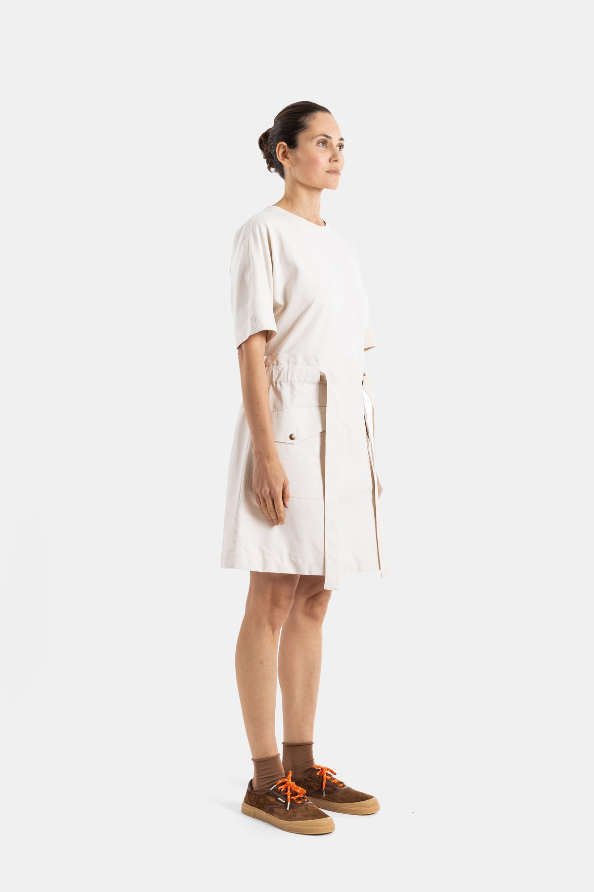 Belted Two-Tone Beige Dress