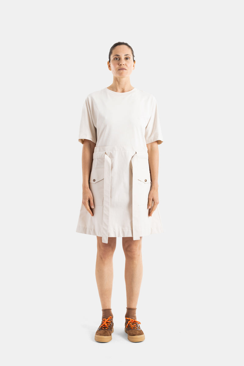 Robe bimatière ceinturée beige