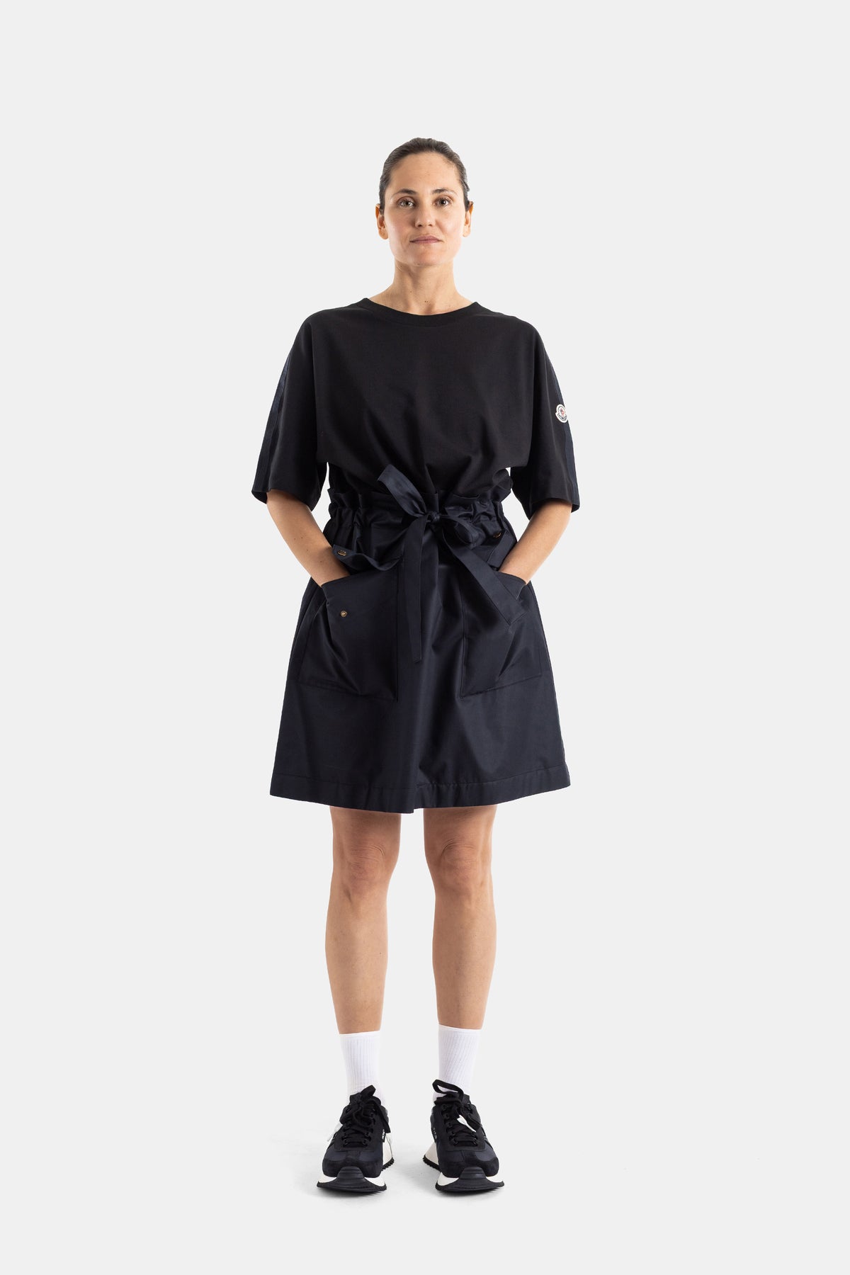 Black belted two-tone dress