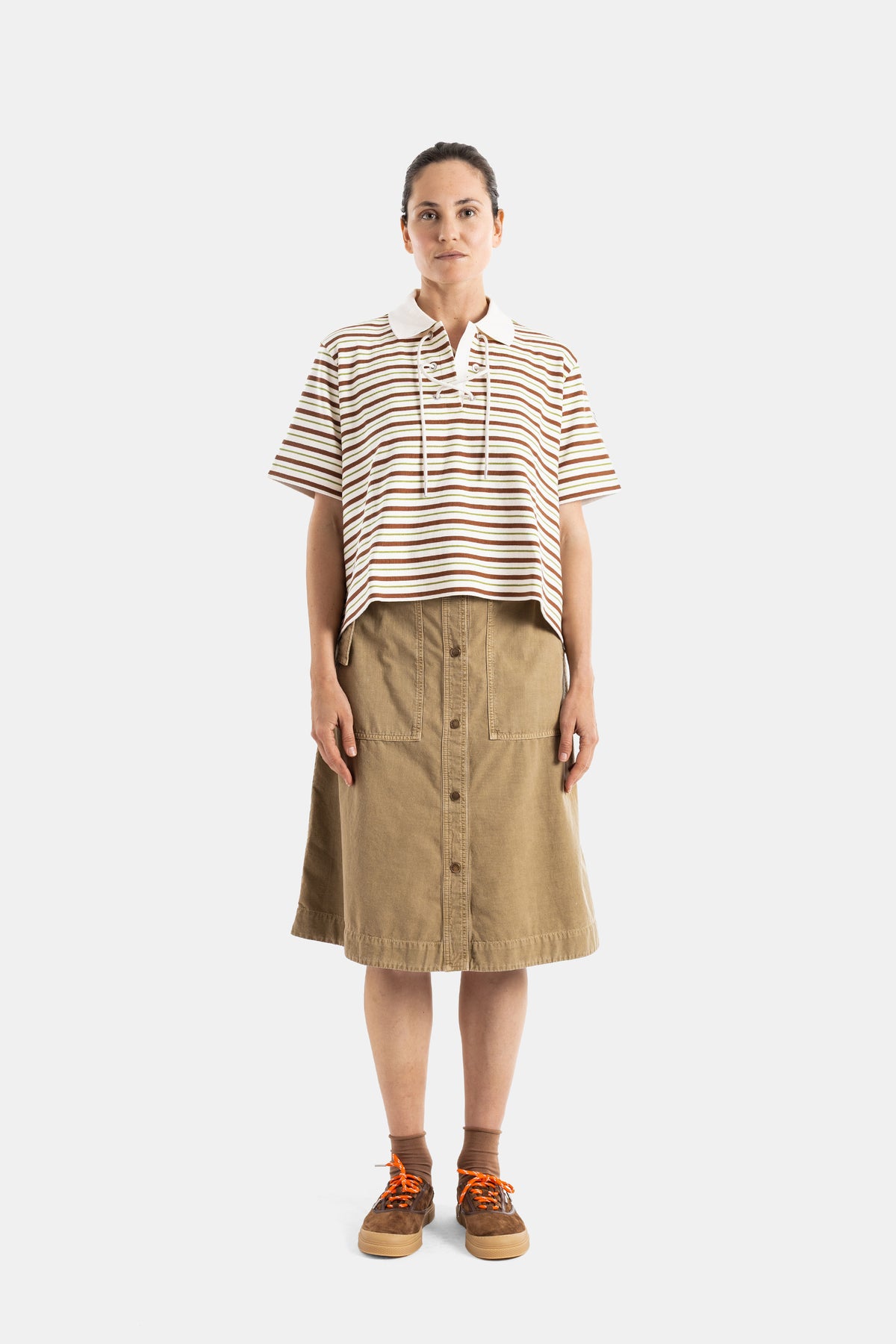 Jupe midi en coton ceinturée camel