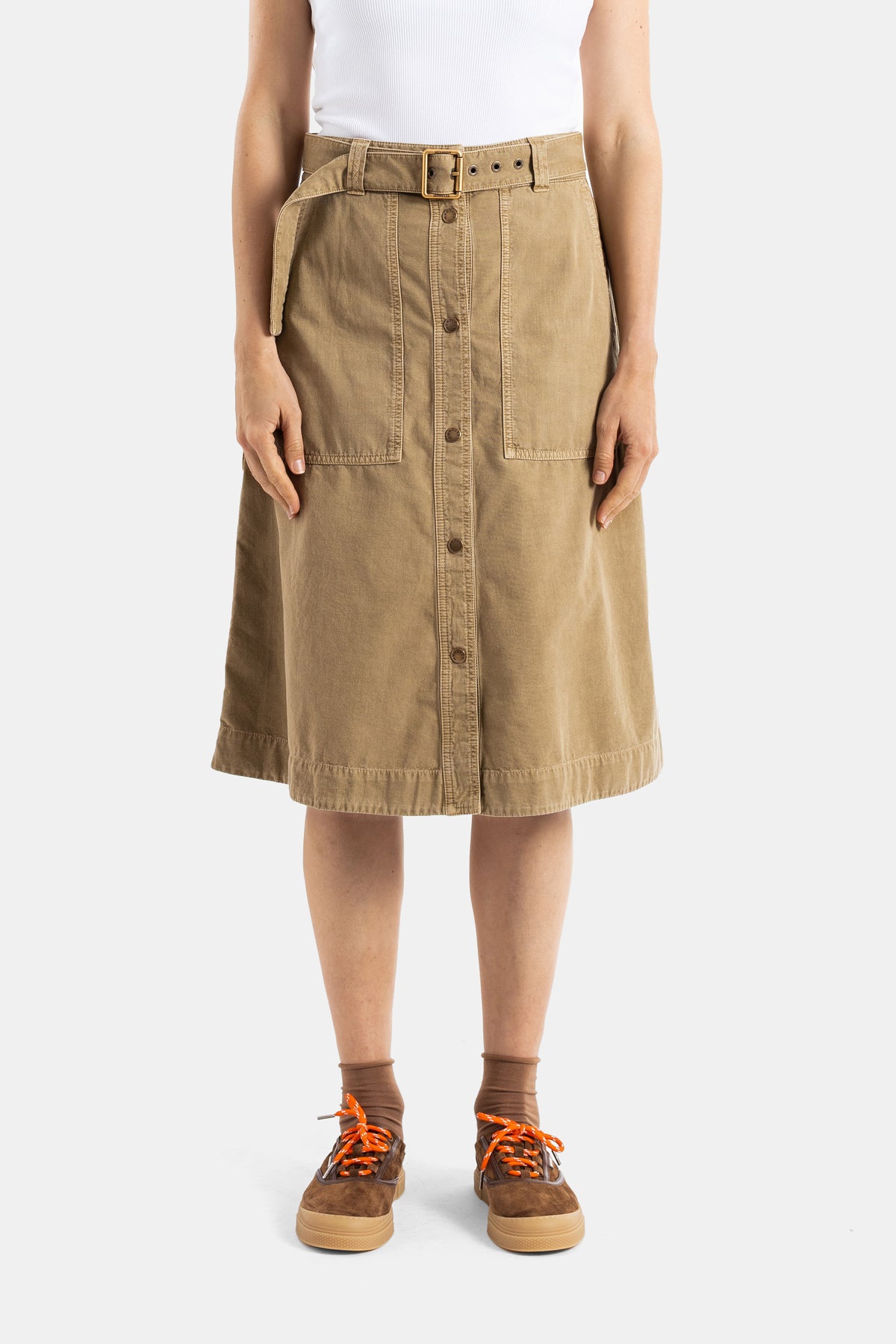 Jupe midi en coton ceinturée camel