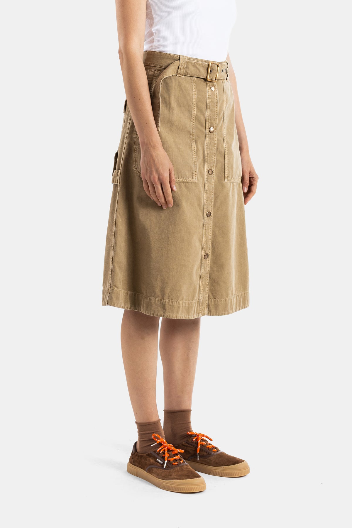 Jupe midi en coton ceinturée camel