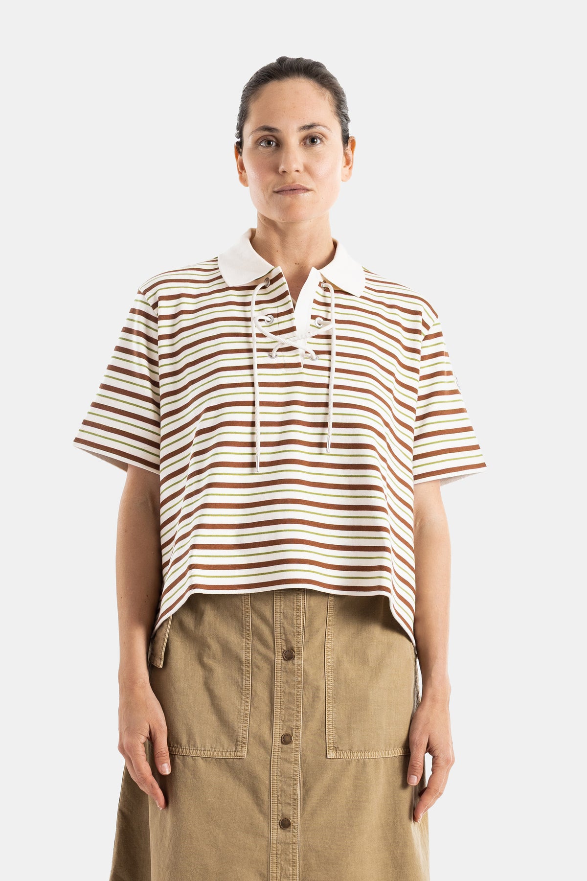 Polo rayé crop à lacets marron et vert