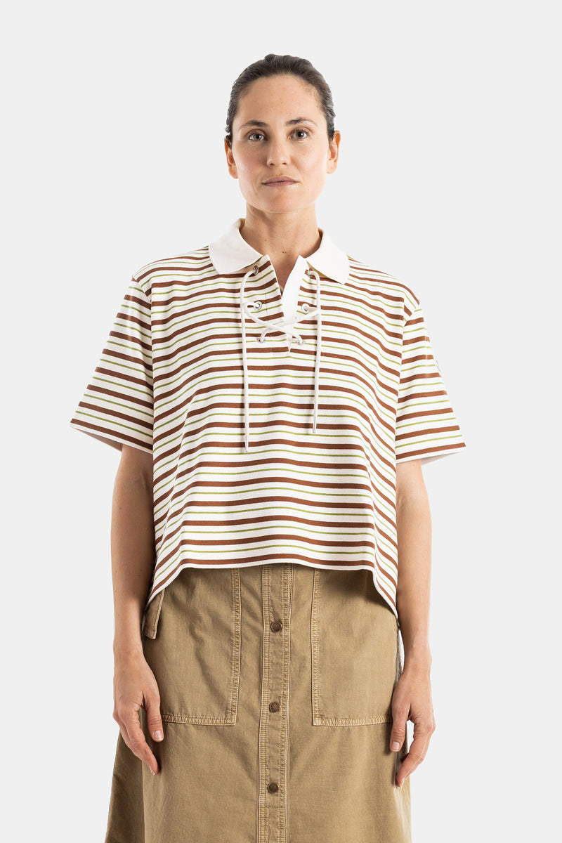 Polo rayé crop à lacets marron et vert